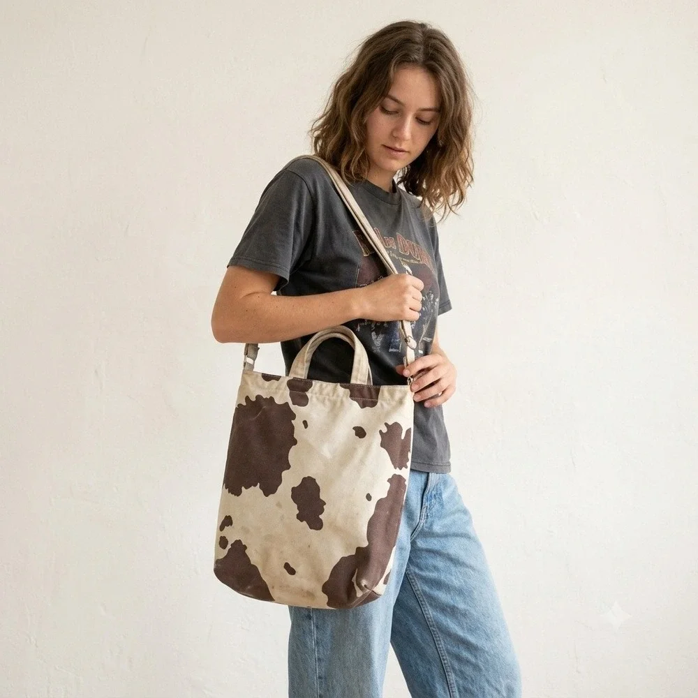 Baggu Womens Duck Bag Tote OS Brown Cow Print Canvas Adjustable Strap Western